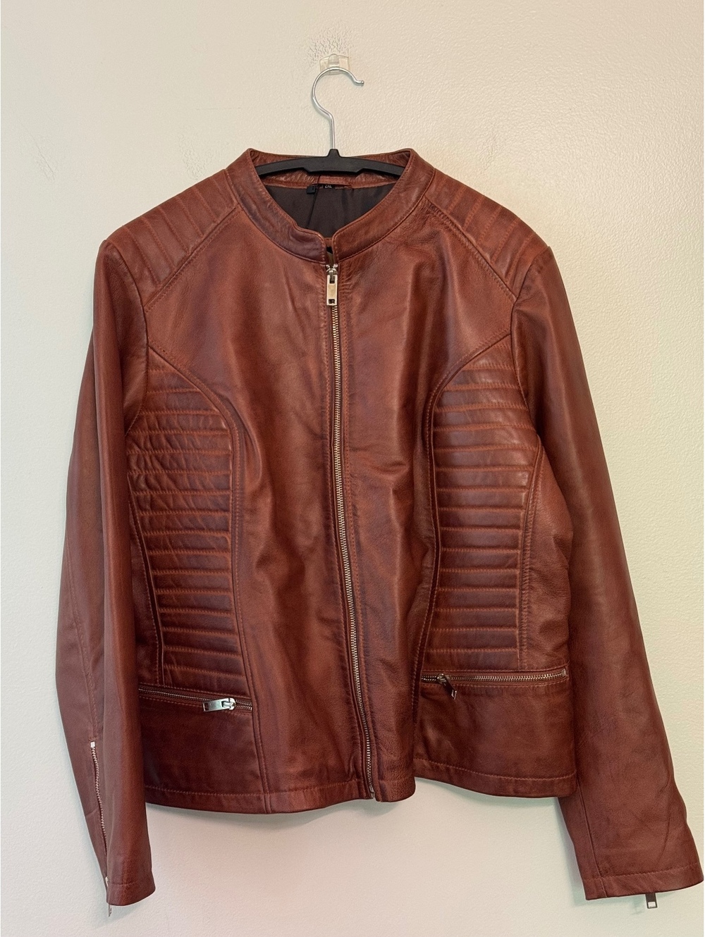 Brown real leather moto jacket